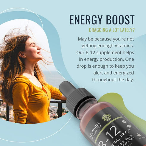 Mt. Angel Vitamins - B12 Essential Trio - Vegan Sublingual Drops with High-Potency Methyl B12, B6 & Folate - Easy Absorption Liquid - Non-GMO, Mad...