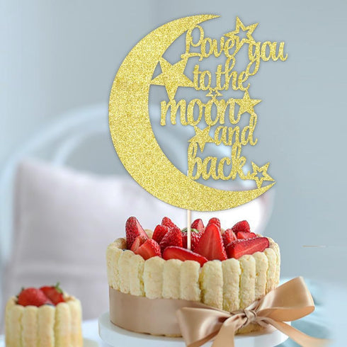 Love You To The Moon and Back Cake Topper - Gold Glitter Cake Decoration for Wedding Party...