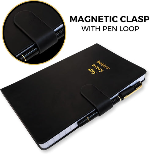 Black A5 Hardcover Notebook, 144 Pages, Lined Leather Journal with Pen, Better Everyday Journal & Daily Planner for Tasks, Checklists, Writing, Pr...