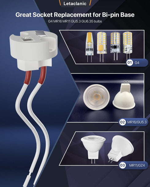 10 Pack MR16 Socket, G4 Light Socket, Letaclanic LED Halogen Lamp Ceramic Wire Connector Base Socket Adapter G4 MR16 MR11 GU5.3 GU6.35 Socket for ...