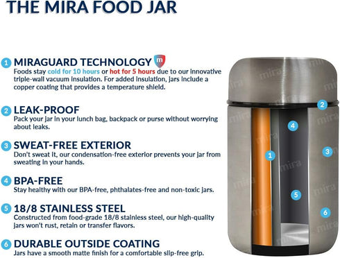MIRA Insulated Food Jar Thermo for Hot Food & Soup, Compact Stainless Steel Vacuum Lunch Container for Meals To Go - 13.5 oz, Blue...