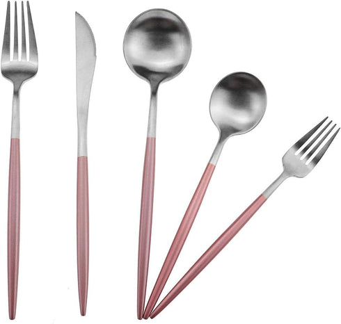 Gugrida Luxury Flatware, Royal 5 Piece Matte Pink Handle 18/10 Stainless Steel Tableware Sets for 1 Including Forks Spoons Knives, Camping Silverw...