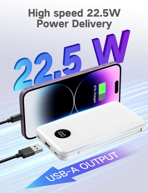 Portable charger12000mAh External Battery Packs,Ultra Slim small Power Bank Compact with Built-in Cables,22.5W USB C Fast Charging LCD Display Clu...