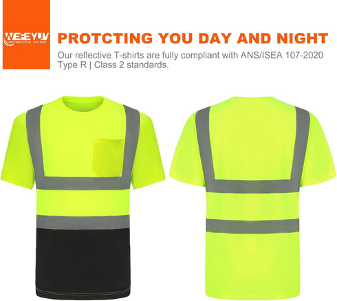 High Visibility Shirts Quick Dry Safety T Shirts with 4 Reflective Strips and Pocket Short Sleeve Mesh Hi Vis Construction Work Class 2 Shirt for ...