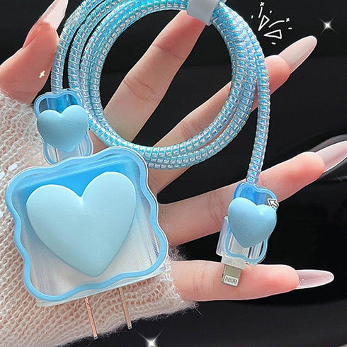 Waves Blue Heart Shape DIY 18W 20W Data Cable USB Charger Protector Line Earphone Wire Saver Charger Protector Compatible with iPhone XR/7/8/11/12...
