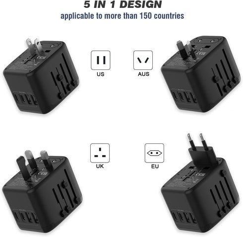 Universal International Power Travel Plug Adapter, 5 in 1 European Travel Plug Adapter W/ 3.5A 2xUSB-A and 2xUSB C Wall Charger and Worldwide AC O...