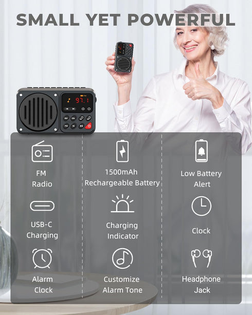 PRUNUS 405 Rechargeable FM Radio • Bluetooth Speaker • TF Card and USB • 1500mah battery • Earphone Jack • Auto power on/off • Clock• Recording(No...