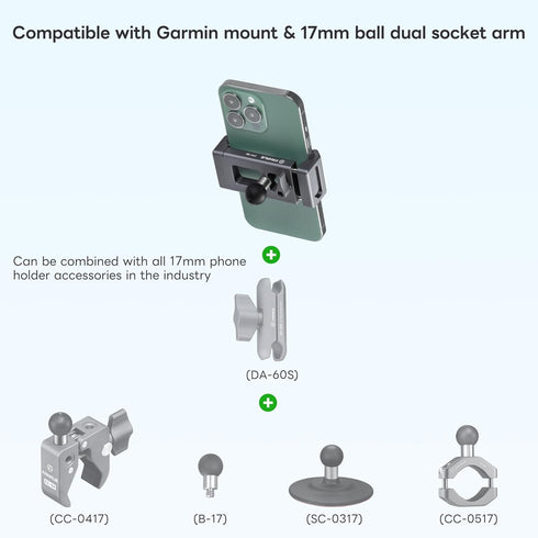 FANAUE Aluminum Phone Holder with 17mm Ball Head Compatible with Garmin mounts and 17mm Double Aocket Arm & Bike Motorcycle Phone Mount for 6-8.5"...