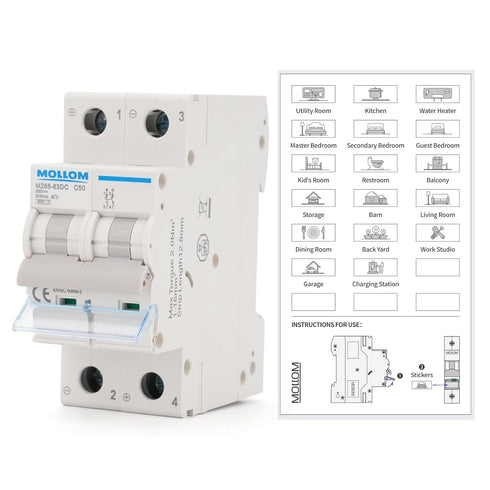 DC 2 Pole Miniature Circuit Breaker, 500V 50Amp, Thermal Magnetic Trip, 6KA Breaking Capacity MCB for Solar DC System, Ship, Solar Power Sysetm....