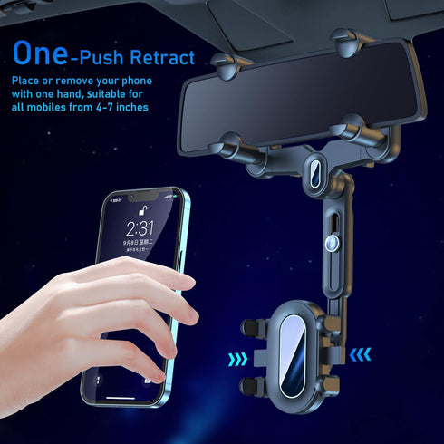 SINSEN Phone Mount for Car Rearview Mirror, Cell Phone Holder with Extra Vent Mounting Clip, 720° Rotatable Retractable Universal Fit, Eye Level H...