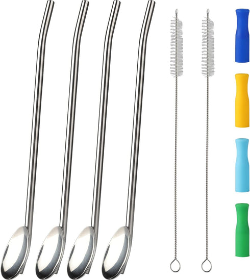 Ice Tea Spoons Long Stainless Steel Spoon Straw Bar Spoons Handle with Straw for Mixing Stirring Drinking...