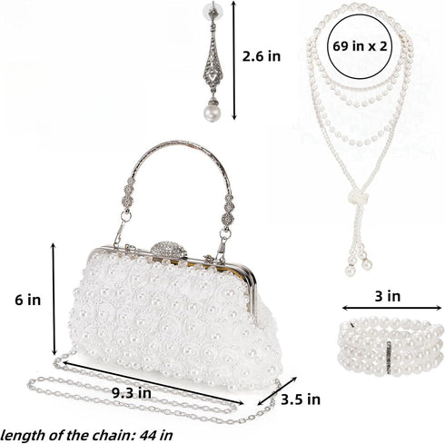 4 Pcs 1920s Pearl Jewelry Set, Include Beaded Pearl Clutch Bag with Chain, Dangle Faux Pearl Drop Earrings, Multi Strands Bracelet and Long Neckla...