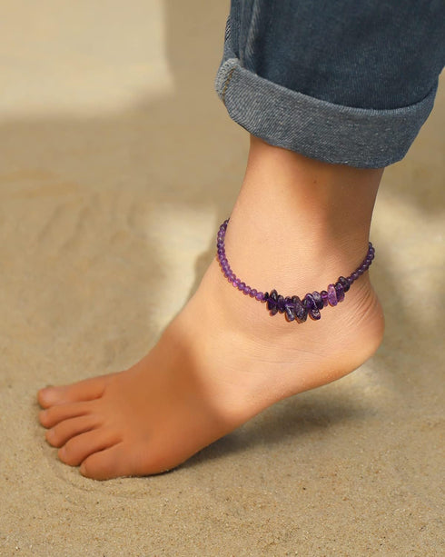Jewever Natural Amethyst Anklet Bracelets for Women Tumbled Chips Crystals Anklet Adjustable Handmade Reiki Gemstones Beach Foot Jewelry...