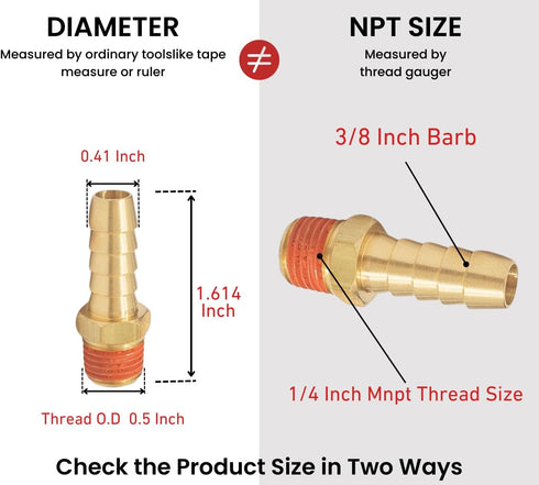 2 Pack Brass Air Hose Barb Fittings Adapter Set - 3/8" Barb to 1/4" NPT Male Pipe, Air Hose Repair Kit Connectors with Sealant...