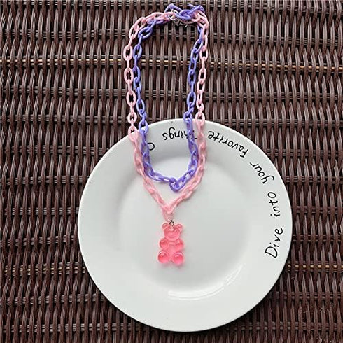 Lovely Gummy Bear Pendant Necklace Pink Acrylic Chunky Chain Cute Candy Color Bear Necklace for Women Jewelry Gift...