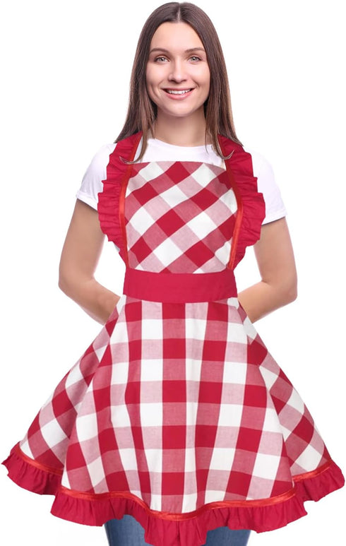 Violet Mist Red Plaid Vintage Apron for Women Girls Ladies Cute Ruffle Frilly Apron Red Christmas Aprons Retro Aprons for Kitchen Cooking Baking 5...