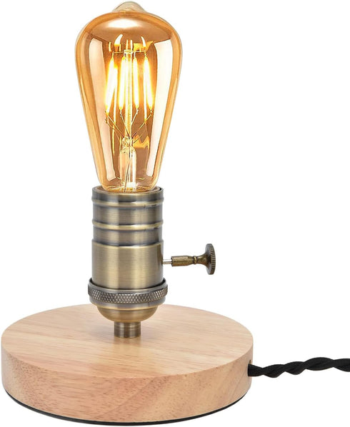 Tissting Vintage Wooden Lamp Base E26/E27 Table Lamp Holder with Dimmable Button Adjust Brightness Mini Short Desk Lamp Exposed Bulb Base with US ...