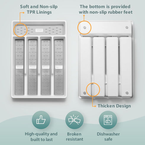 Silverware Organizer with Icons?Plastic Cutlery silverware Tray for Drawer?Utensil Flatware Tableware Organizer for Kitchen with Non-slip TPR,Fits...