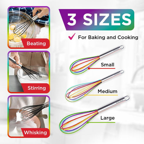 Silicone Whisk Set - Non-Scratch Set of 3 - Mini & Small Sizes - Stainless Steel Whisk - Cookware Wisking Tool...