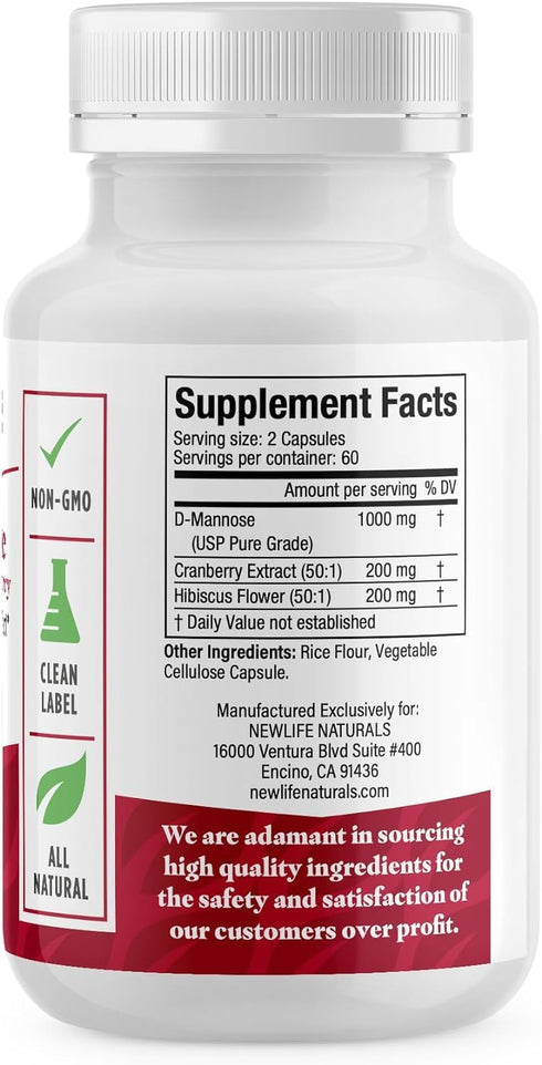 NewLife Naturals D-Mannose Capsules | w/Cranberry and Hibiscus Extracts | Natural Urinary Tract Health Supplement | 1400mg Pure Veggie Powder | 12...