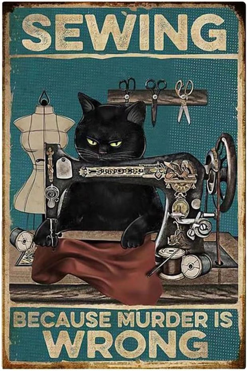 Yepzoer Cat Kitty Sewing Retro Style,Sewing Because Murded is Wrong,Bar Sign Wall Art Decor Metal Sign Coffee Sign,12x8 inch...