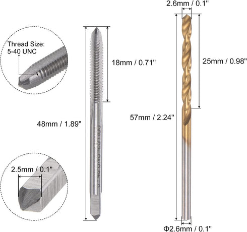 uxcell 5-40 UNC Straight Flute Thread Tap and 2.6mm Twist Drill Bit Set, Titanium Plated 6542 High Speed Steel Drilling Bit Machine Threading Tap...