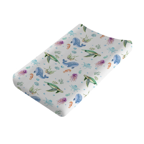 Colorful Sea Animals Changing Pad Cover Turtle Whale Jellyfish Sea Horse Weeds Sealife Diaper Change Table Sheets for Boys Girls Soft Stretch Chan...