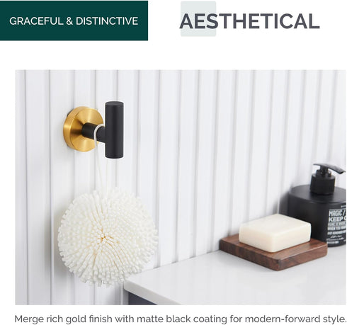 Angle Simple Black & Gold Towel Hook 2 PCS, Stainless Steel Bathroom Robe Holder, Round Coat Hand Towel Hanger, Wall Mounted...