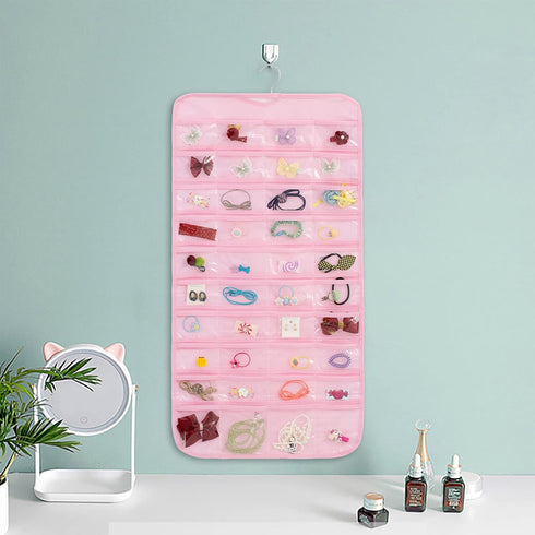 1-Pack Hanging Jewelry Organizer 80-Pocket Dual-sided Jewelry Storage for Jewelry Earring Necklace Bracelet Ring Storage Travel Holder, Pink...