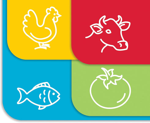 Better Kitchen Products Extra Thick Flexible Plastic Cutting Board Mats, Set of 4, Color Coded with Food Icons, Waffle Back Grip Underside...