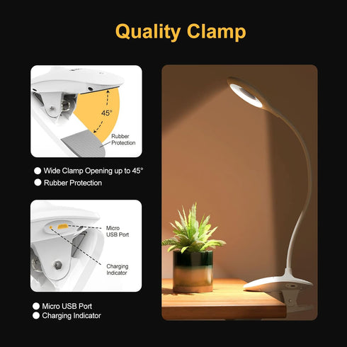 Clip on Light for Bed & Desk, Reading in Bed, Dorm, Flexible Gooseneck, Battery Operated Rechargeable Clamp Lamp for Headboard, Eye-Caring LED Lig...