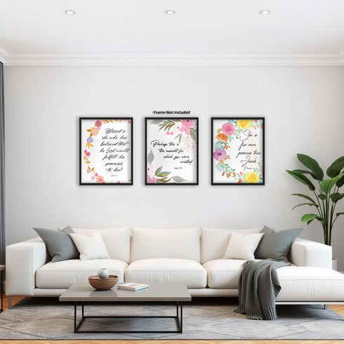 Posterizer 3 pcs-Floral Chic Bible Quotes for Christians-Religious Posters-Floral Botanical Art- Decor for Church, Sunday School Classroom- unfram...
