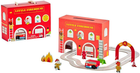 Petit Collage Wind Up Toy Playset, Little Firehouse – Wooden Toddler Toy Set with Wind-Up Fire Truck, Track Pieces, and Pop-Out Play Pieces – Acti...