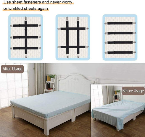 Adjustable Bed Sheet Straps Clips, Elastic Mattress Sheet Fasteners Holder and Suspenders, Grippers to Hold Sheet, Mattress, Sofa, Couch, Table Cl...