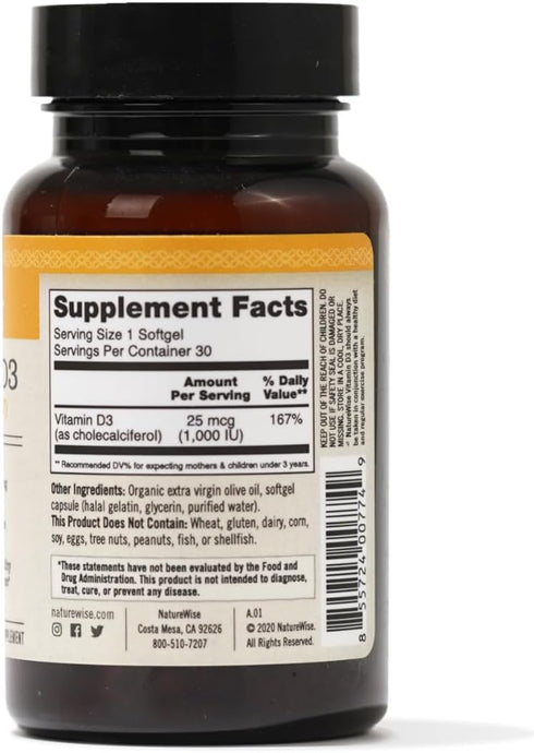 NatureWise Vitamin D3 1000iu (25 mcg) 1 Month Supply for Healthy Muscle Function, Bone Health and Immune Support, Non-GMO, Gluten Free in Cold-Pre...