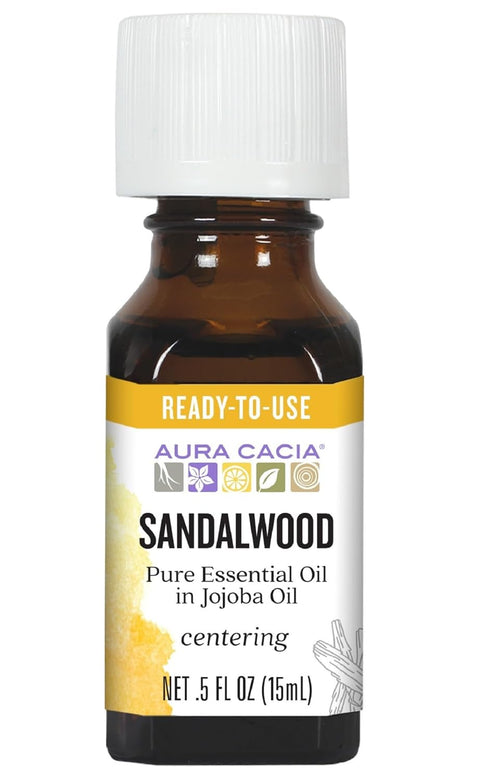 Aura Cacia Sandalwood Essential Oil in Jojoba Oil, 0.5 fl. oz., Woodsy, Balsamic-like Aroma For Skin Care & Centering...