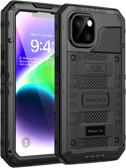 Beasyjoy for iPhone 14 Case Waterproof, Metal Heavy Duty Full Body Protective Case with Built-in Screen Protector, Military Grade Shockproof Dustp...