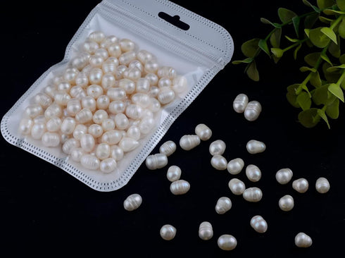 Pearls Beads for Jewelry Making 100pcs 8-9mm Natural Genuine Real Freshwater Cultured Pearl White Rice Oval Loose Gemstone Bead Holes 0.7mm DIY Cr...