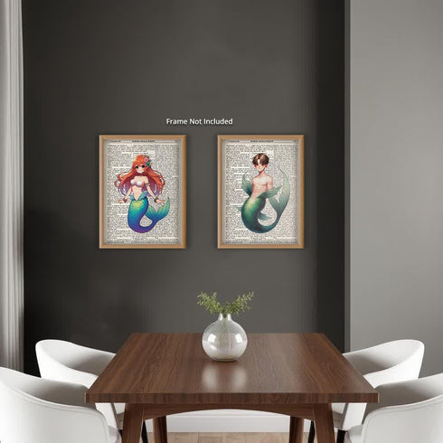 Posterizer 2 pcs-Cute Mermaid and Merman Dictionary Wall Art-Abstract Modern Art-Movie Cinema Art-Gift for Daughter, Son, Kids-Decor for nursery t...