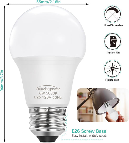 E26 LED Bulb, 40W Equivalent Medium Base Light Bulb, Non-Dimmable, Daylight White 5000K, 6W Bright White LED Bulbs for Home Lighting Lamp, 4-Pack...