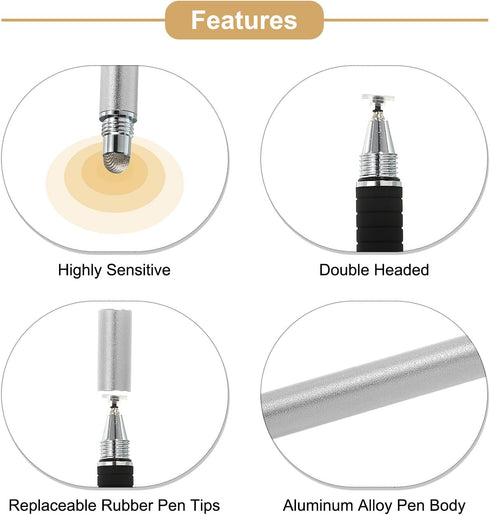 MECCANIXITY Stylus Pens for Touch Screens 2 in 1 Fine Point Disc & Fiber Tips Capacitive Stylus Universal Tablet Pen Sensitivity Precision, Silver...