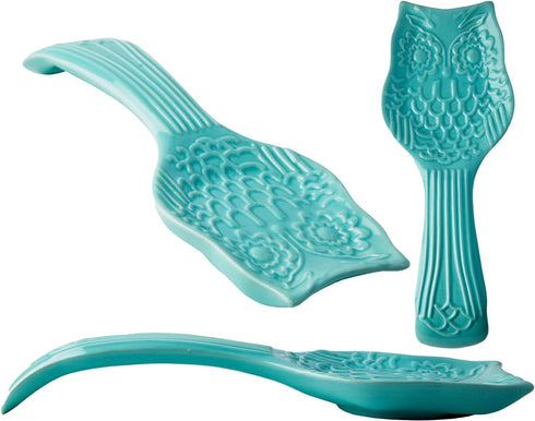 Decorative Owl Spoon Rest for Kitchen Countertop – Modern Farmhouse Spoon Holder for Stove in Lovely Aqua Blue, made with Chip-free Ceramic – Dish...