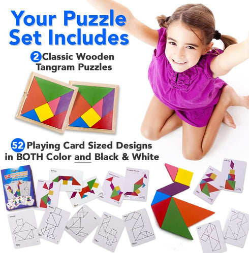 3 Bees & Me 2 Wooden Tangram Shapes Puzzle Toys with 52 Pattern Cards for Kids and Adults - Montessori Wood Toy, STEM Shape Puzzles Manipulatives ...