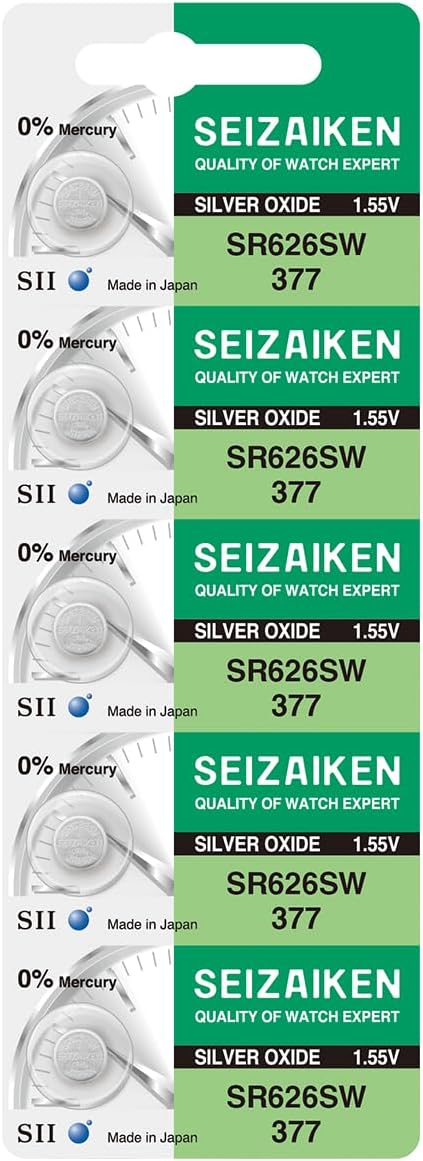 377 SR626SW 1.55V 0% Hg Silver Oxide Watch Battery (5 Batteries) Made in Japan by Seiko...