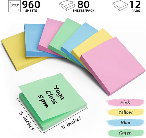 12 Packs Colored Sticky Notes, 3"x3" Self-Stick Pads with 960 Sheets in Total, 80 Sheets/Pack, Perfect for Office, Home, School, Meetings - 4 Colo...