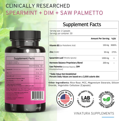 Spearmint Leaf Capsules Supplement - enhanced with DIM & Saw Palmetto, for Unwanted Hair, Women' Health & Skin *USA Made & Tested* - 1380mg/servin...