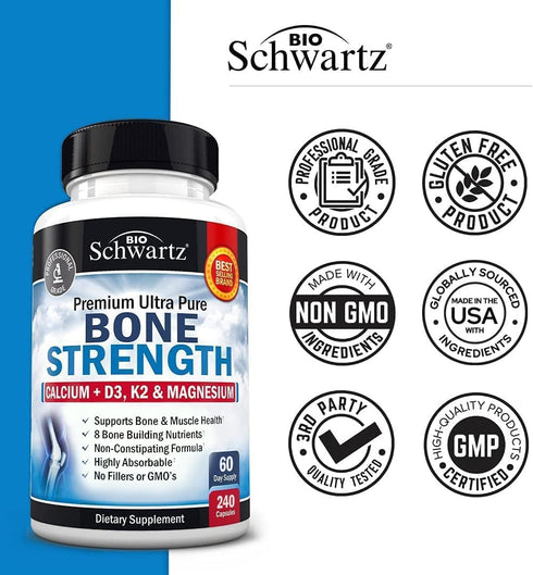 Bone Strength Supplement with Calcium Magnesium Vitamin D3 K2 Zinc (60 Day Supply) 8 Bone Building Nutrients for Bone & Muscle Support - High Abso...