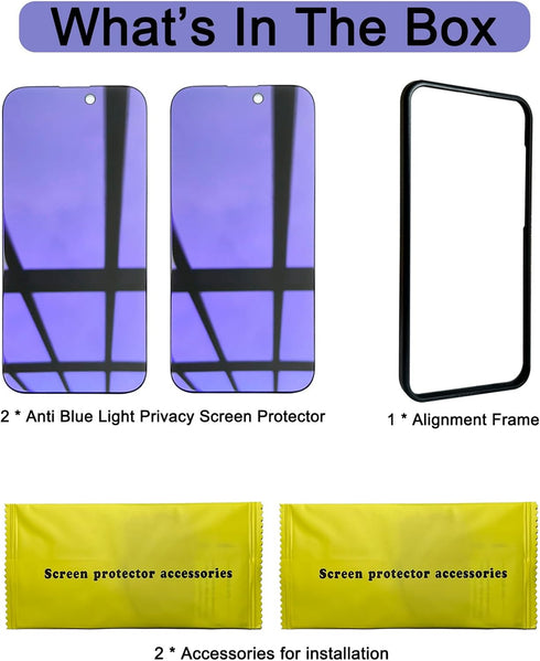 2 Pack Compatible with iPhone 15 Pro Privacy Screen Protector with Alignment Frame, Anti-Spy Anti-Blue Light Eye Protection Scratch Resistant Temp...