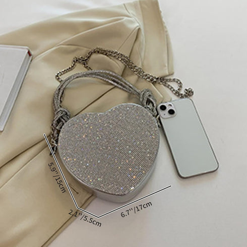 Evening Bag for Women, Silver Clutch Purse Heart Shaped Purse Crossbody Bag Shoulder Handbag Rhinestone Purse...