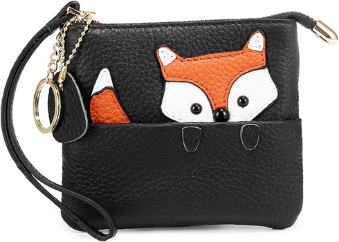Genuine Leather Coin Purse Pouch Change Wallet for Women,Fox Pattern Leather Coin Purse Keychain Change Pouch Wallet With Wrist Strap (Black)...